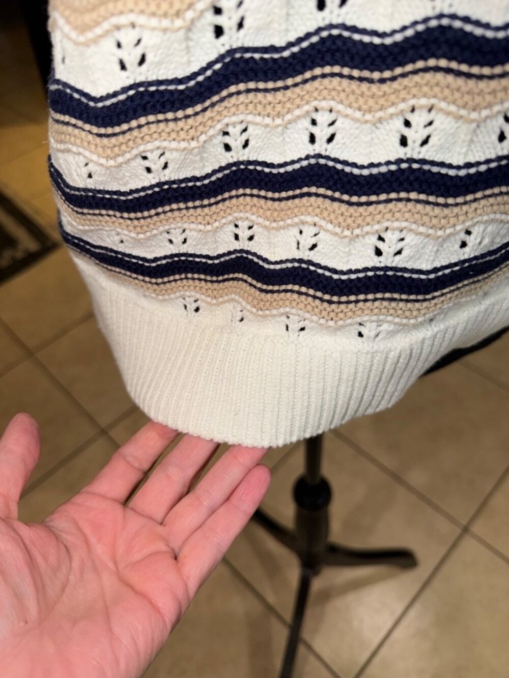 Marled Women Knit Short Sleeve Sweater M Beige Navy White Stripe Nautical Preppy - Picture 11 of 12